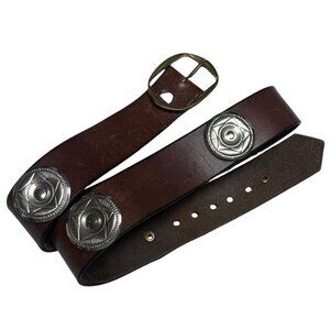 Vintage Southwestern Dark Brown Leather Belt w/ Sun Disc Concho Buckle – Unisex